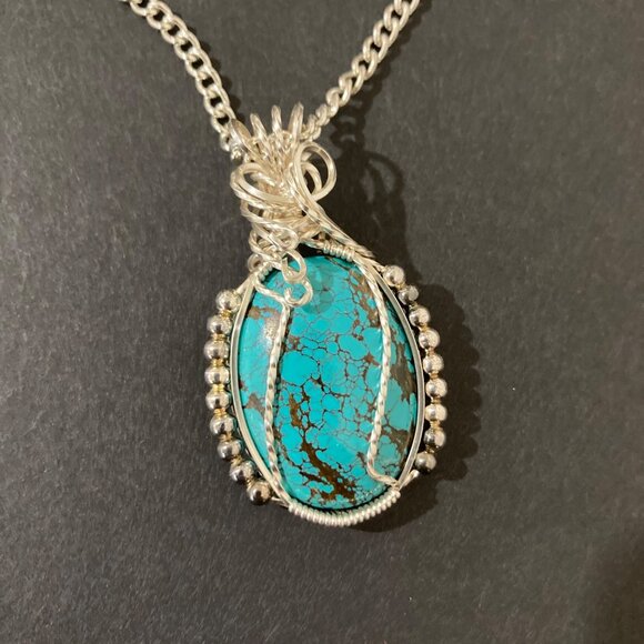 Turquoise Colored Stone Wrapped In Silver Tone Wire Pendant Necklace - Picture 1 of 6